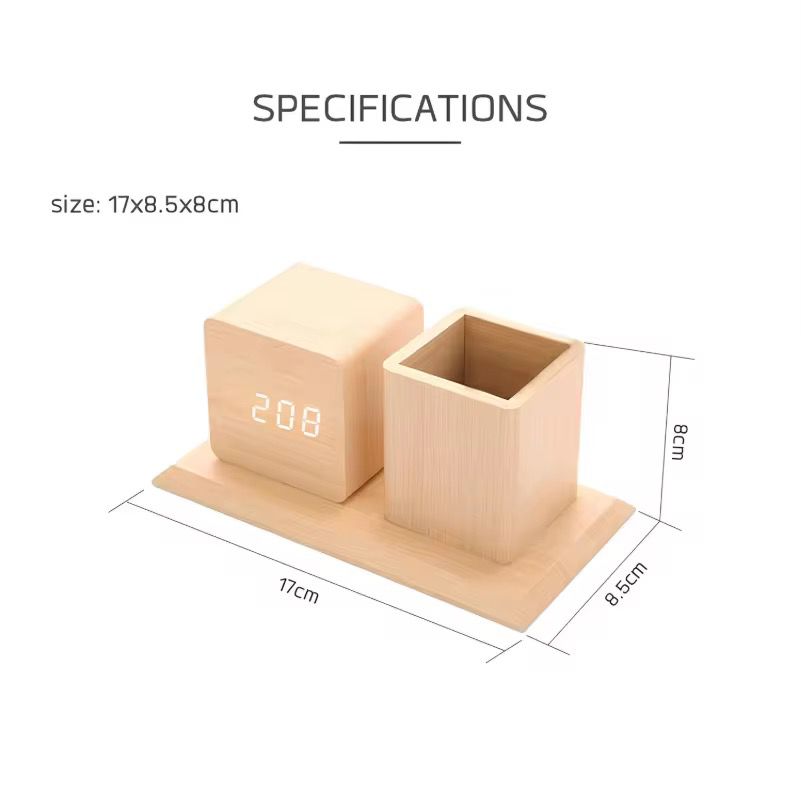 Wooden LED Pen Holder Desk Clock – Compact Size